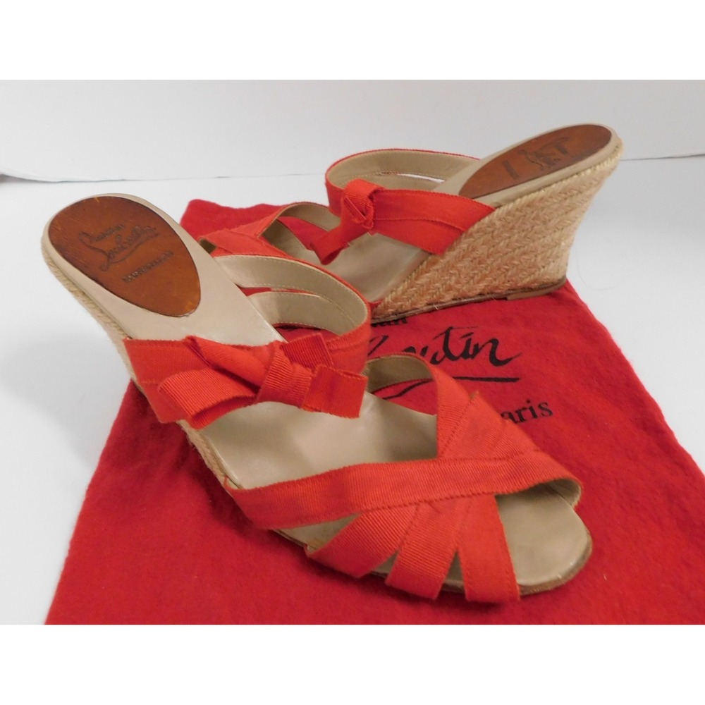 Christian Louboutin Delfin 80 Red Ribbon/Rope Espadrille Sandals Wedge sz 39